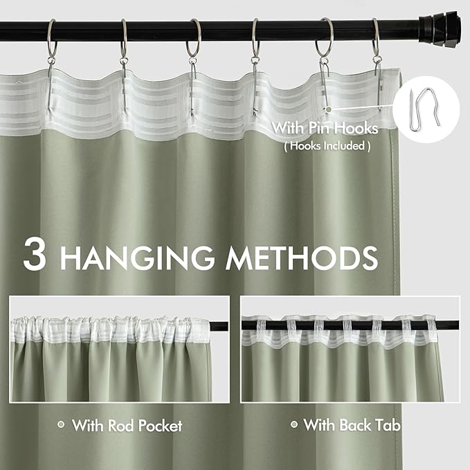 MIULEE Sage Green Back Tab Blackout Curtains 52x96 Inch Long 2 Panels Set | Rod - Image 3