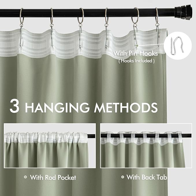 MIULEE Sage Green Back Tab Blackout Curtains 52x72 Inches Long 2 Panels Set | - Image 3