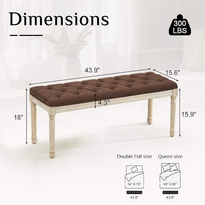 LOULENS 43.9" Linen End of Bed Bench, Vintage Bedroom Bench, Upholstered - Image 2