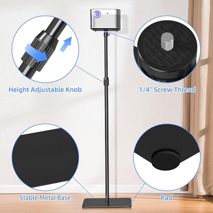 suptek Projector Stand 360°Swivel, Height Adjustable 36.6-46.8inch, Mini Projector Mount Bracket, Compatible with Home Office Video Vlog DVR Camera, PR001F