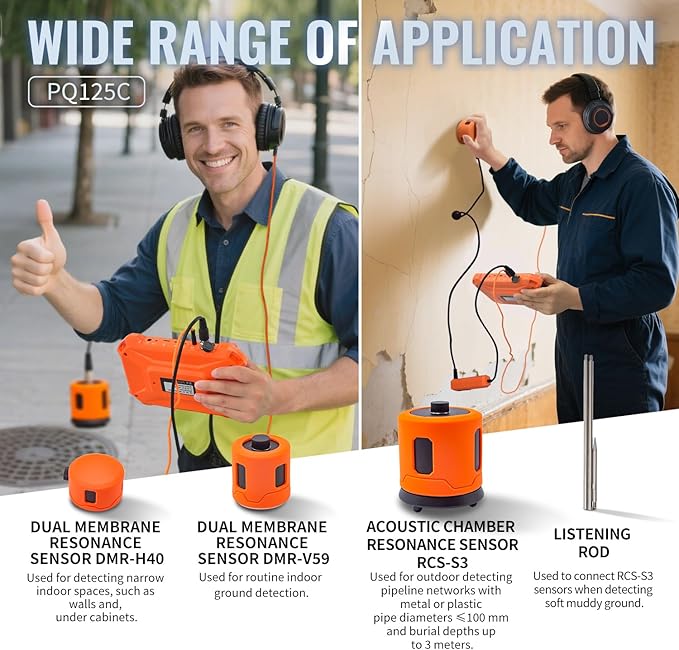 PQWT 125C Water Leak Detector, Indoor & Outdoor Underground Water Pipe Leak Detection Measurement Depth 9.84ft/3m