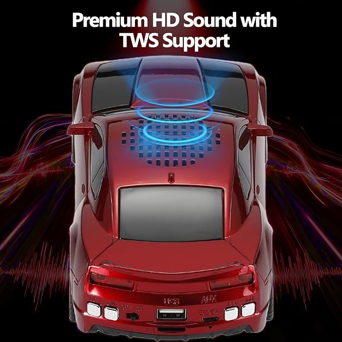 WSTER Sports Car Model Bluetooth Speaker with Stereo Sound, TWS Pairing, LED Party Lights, USB/TF Playback, Movable Wheels, Unique Retro Car Gifts (RED)
