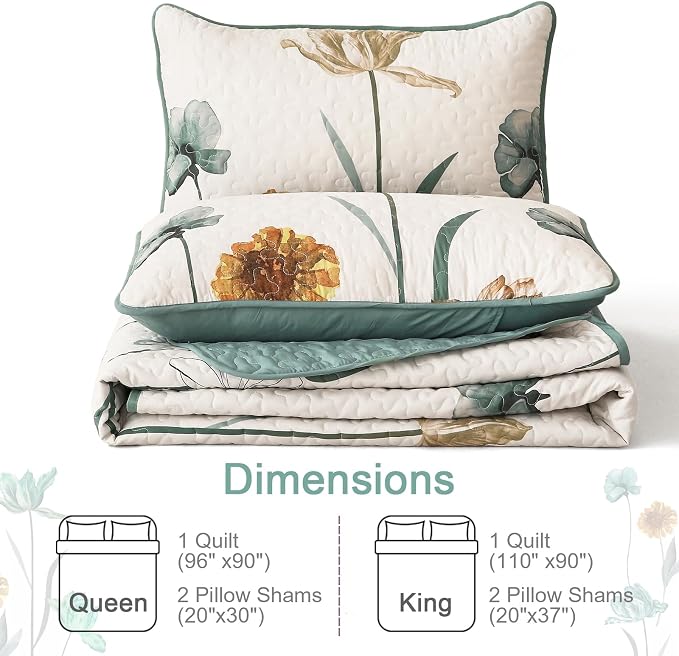 WONGS BEDDING Floral Quilt Set Queen Size, Aqua Botanical Coverlet | Farmhouse - Image 7