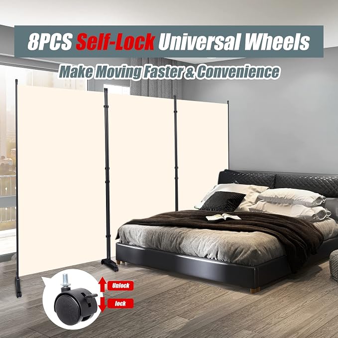 Room Divider 102'' Wide Folding Privacy Screen, 3 Panel Wall Divider w/Wheel | - Image 2