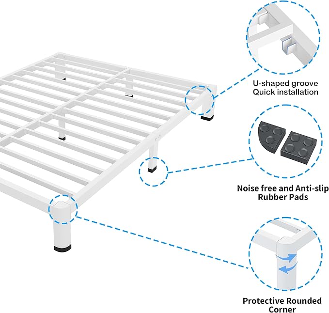ROIL 20 Inch White Full Bed Frame with Rounded Corner and Headboard Hole Mattress Retainers, 3500LBS Heavy Duty Steel Slats No Box Spring Needed Platform Noise-Free Easy Assembly