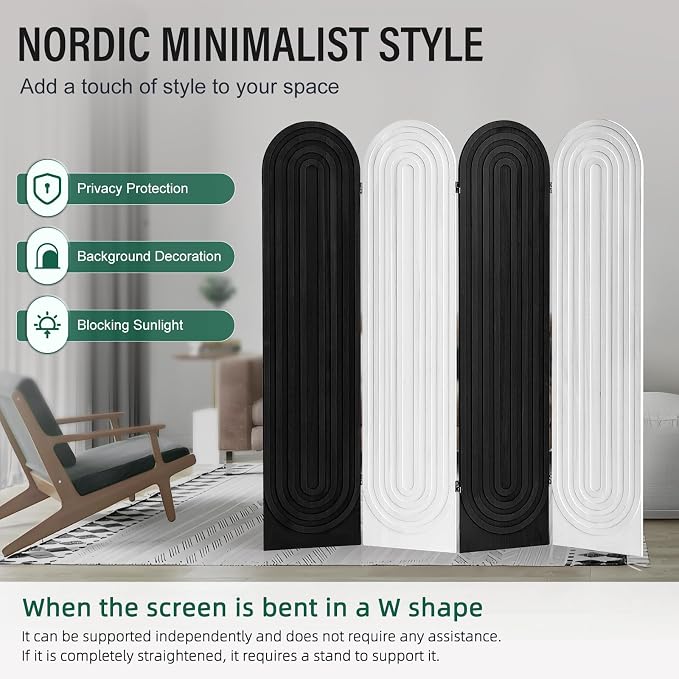 Wood Room Divider and Folding Privacy Screen 4 Panel White Black | Arched Room - Image 3
