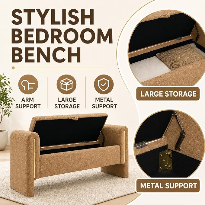52" Upholstered Storage Bench, Wood Frame | Mid-century storage ottoman bench - Image 4