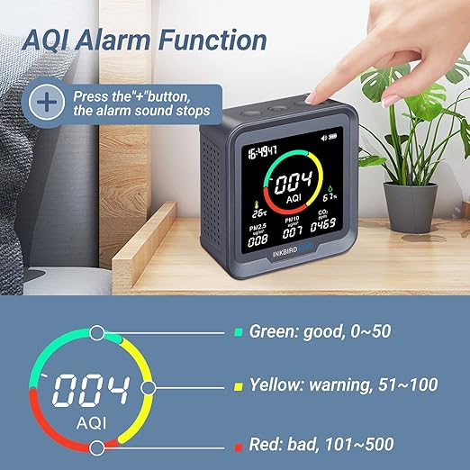 INKBIRDPLUS 6-in-1 Indoor Air Quality Monitor, Detects CO2, PM2.5, PM10, AQI, Temperature and Humidity with Alarm, for Rooms, Cellars, Grow Tents, Offices, etc. (PTH-9A)