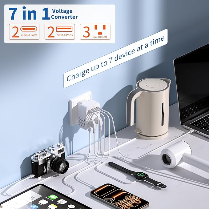 TREVOLTY 2000W Voltage Converter US to Europe for Hair Dryers, 7-in-1 220V to 110V Converter for European Travel with 3 AC/2 USBA/2 USBC Ports (PD20W), Universal Travel Adapter (White)