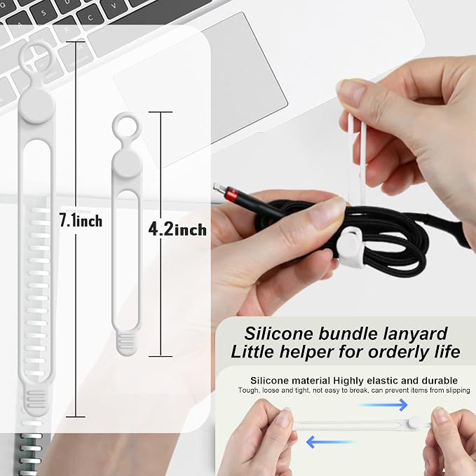 Silicone Cable Ties, Cord Organizer Cable Management, 2Sizes-White | Reusable - Image 2