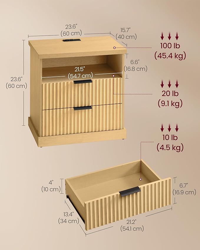 VASAGLE Nightstand with Charging Station, 2 Drawers, Open Shelf | Bedside Table - Image 3