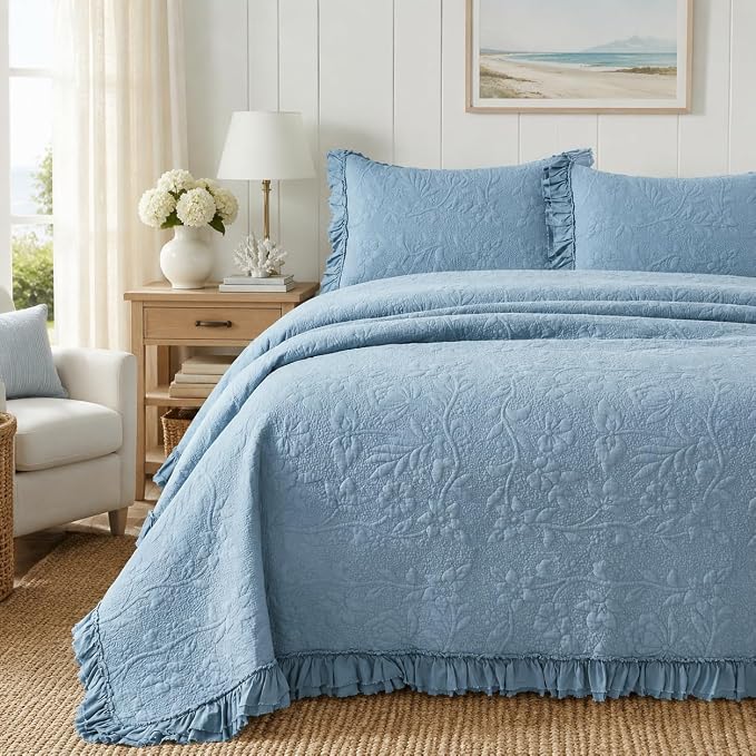 Brandream Luxury 100% Cotton Quilt Set King Size Blue Floral Vine Matelasse by Brandream