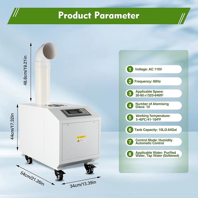 Humidifier Large Room,10L 6.6Lbs/H Industrial Ultrasonic Mist Maker with Wheels&10 Atomizing Discs,Agricultural Commercial Humidifier for Greenhouse,Grow Room&Plants