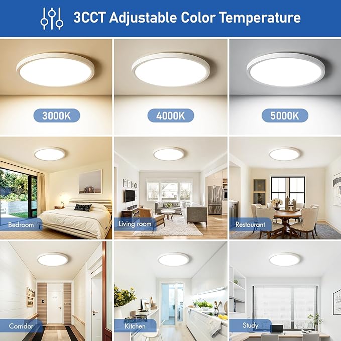 YELIOLED 12 Inch Slim Dimmable LED Flush Mount Ceiling Light Fixtures, 24W 2640LM 3000K/4000K/5000K, House Upgrade Led Lights for Bedroom Hallway Laundry Room Rental Units, 240W Equiv., Black