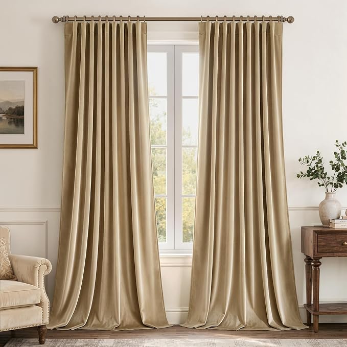 MIULEE Beige Velvet Pinch Pleat Blackout Curtains W52 X L96 Inches | 2 Panels by MIULEE