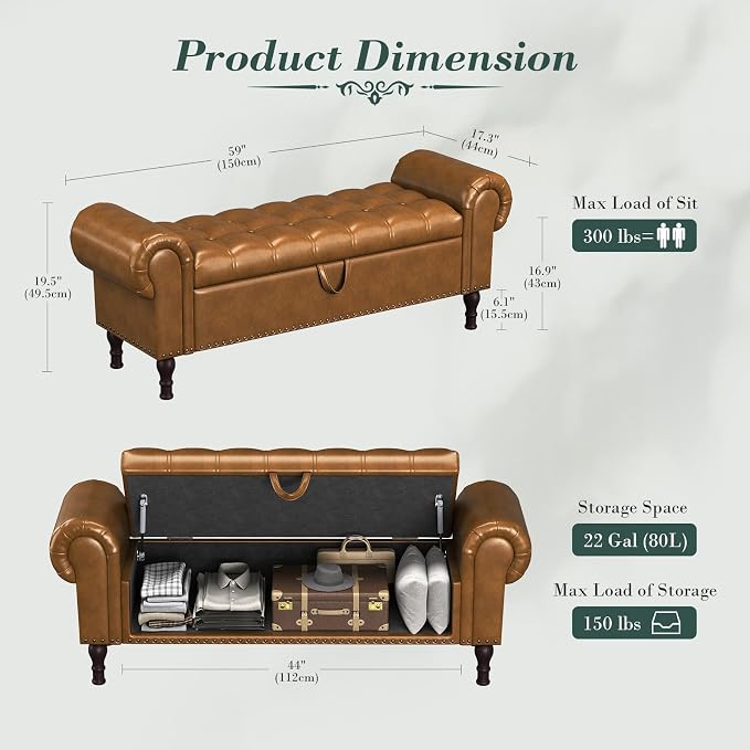 Apicizon 60" Bench with Storage, Upholstered Tufted Button Bedroom Bench with - Image 2