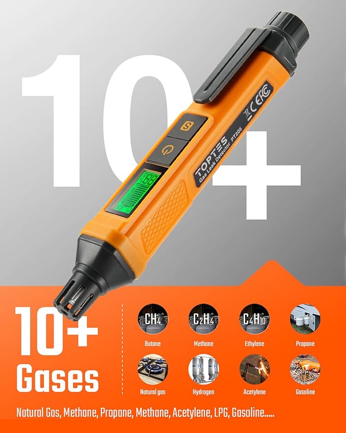PT205 Natural Gas Detector with Audible & Visual Alarm, Gas Leak Detector with%LEL Value of Methane, Butane, Propane for Home, RV (Includes Batteryx2)-Orange