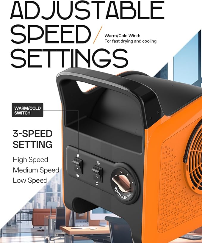 Puligoth Air Mover Blower Fan: High Velocity Floor Fans for Cooling and Drying, Carpet Dryer with Heater, Filter, UV Light, 3 Speeds, 185° Rotating for Industrial, Orange