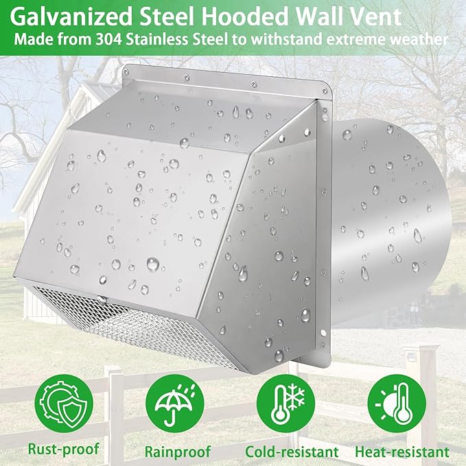 4 Inch Dryer Vent Cover Outside Hooded Wall Vent with Screen and Damper,4" Exterior Wall Vent Dryer Air Vent,Exhaust Wall Mount Cover Cap for Dryer Ventilation&Outdoor Air Exhaust, Stainless Steel