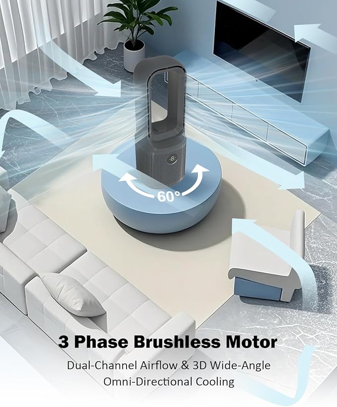 MEIIS Desk Fan Bladeless, 14 Inch USB Rechargeable Tower Fan with 9 Speed Adjustable, 3 Light, 60° Oscillating, 9H Timer, 5000mAh Battery Cooling Small Table Fan for Bedroom, Office, Nightstand, Grey