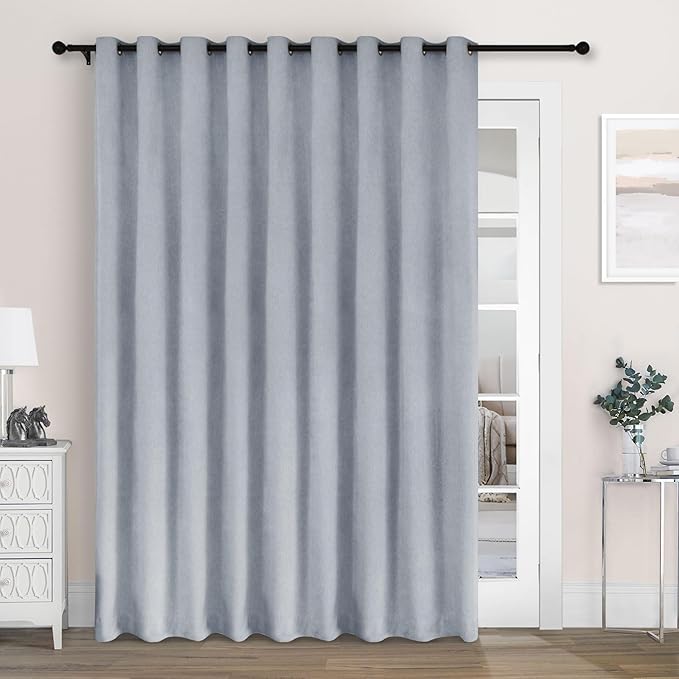 Macochico Extra Wide 100% Blackout Chenille Curtains 100" Wx96 L Thermal Drapes for Sliding Door Living Room Bedroom Auditorium Hotel Gray Blue Curtains Grommet Top with Tieback Classic 1 Panel