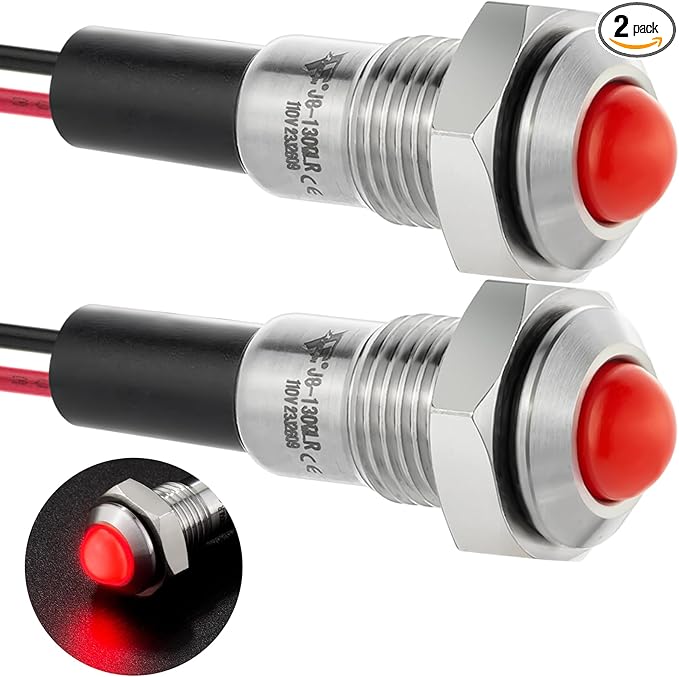 ZGSZJHF UL Listed Mini Indicator Light 8mm 0.31" Waterproof IP67 110V-120V Domed Sphere High Head Metal 304-Stainless Steel LED Lamp Pilot Light with 140mm Wire