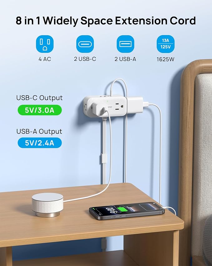 TROND 360° Rotating Flat Plug Short Extension Cord 3ft, Low Profile Power Strip - Image 3
