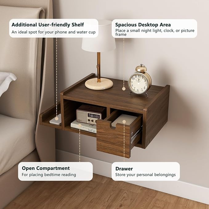Floating Nightstand Wall Mounted, Walnut Bedside Table - Image 7