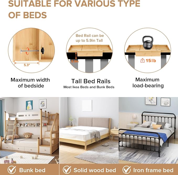 Bamboo Bedside Shelf with Expandable Tray, Clip-On Bunk Bed Nightstand - Image 3
