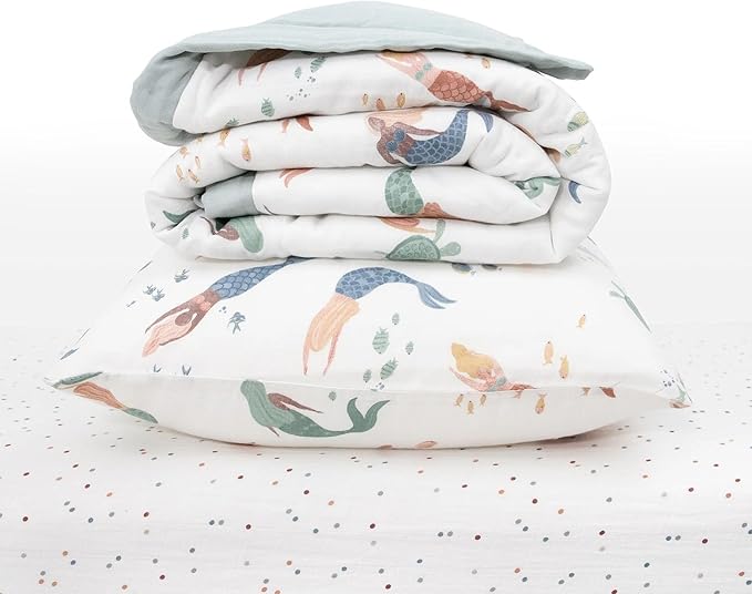 Little Unicorn Toddler Bedding 3-Piece Set | Super Soft & Breathable Muslin Fabric | for Convertible Cribs & Toddler Beds (Mermaid Party)