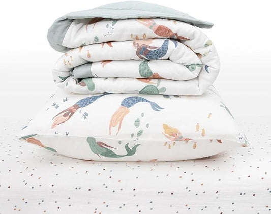 Little Unicorn Toddler Bedding 3-Piece Set | Super Soft & Breathable Muslin Fabric | for Convertible Cribs & Toddler Beds (Mermaid Party)