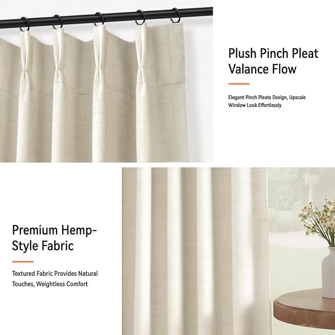 Pinch Pleated Full Blackout Faux Linen Curtains 102 Inches Long | Beige White - Image 6