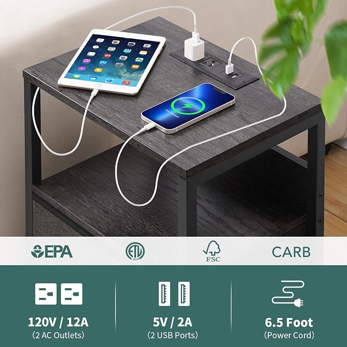 Yoobure Nightstand with Charging Station, LED Night Stand with Fabric Drawers - Image 6