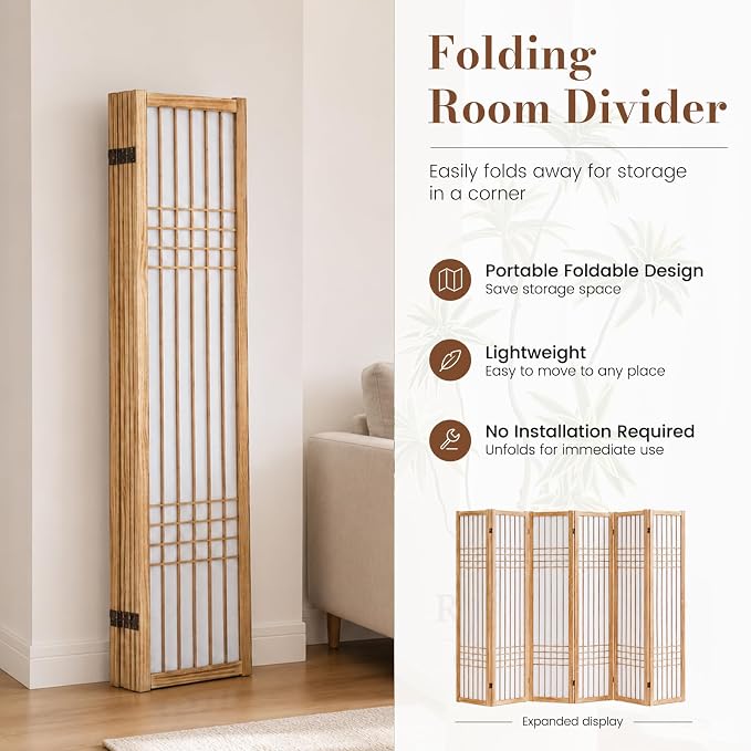 6 Panel Room Divider, 66.9" Tall Folding Privacy Screen, Natural | Shoji Screen - Image 6