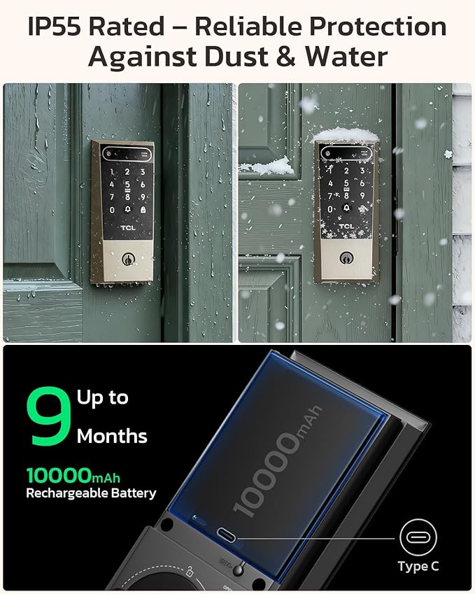 TCL D2 Pro Smart Lock with Palm Vein Recognition, 10000mAh Rechargeable Battery & Wi-Fi, Keyless Entry Door Lock, IP55 Weatherproof, Built-in Doorbell, Auto Lock, Brushed Nickel