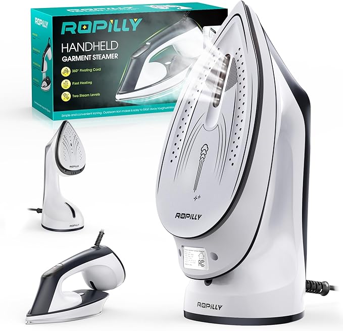 Ropilly Steamer for Clothes, 1600W 2-in-1 Steamer & Iron with Large Ceramic Plate, Powerful Turbo Steam, Smart Temperature Control, Auto-Off, Wrinkle Remover for All Fabrics