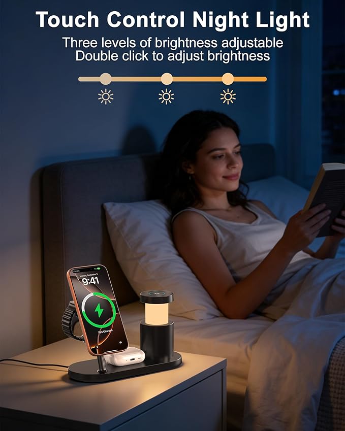 JOYANDRO MagSafe Charger Compatible, 4-in-1 Charging Station, Qi2.2 25W Certified with LED Night Light/Magnetic Wireless Charger for iPhone 17/16/15,Apple Watch,AirPods,Pixel 10(45W Adapter Included)