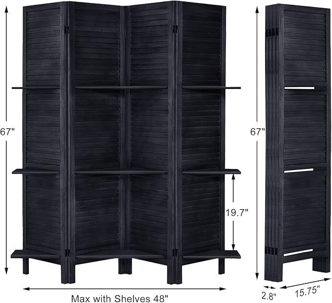 Room Divider with Shelves, 4 Panel Black Privacy Screen | Partition Room - Image 2
