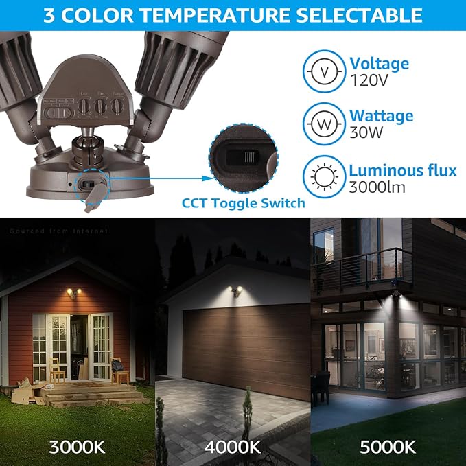 LEONLITE 3CCT LED Security Light, Motion Sensor Outdoor Lights, Dusk to Dawn, ETL Listed, Adjustable Heads, 3000K4000K5000K Selectable, Motion Detector Flood Light for Outside, IP65 Waterproof, Bronze