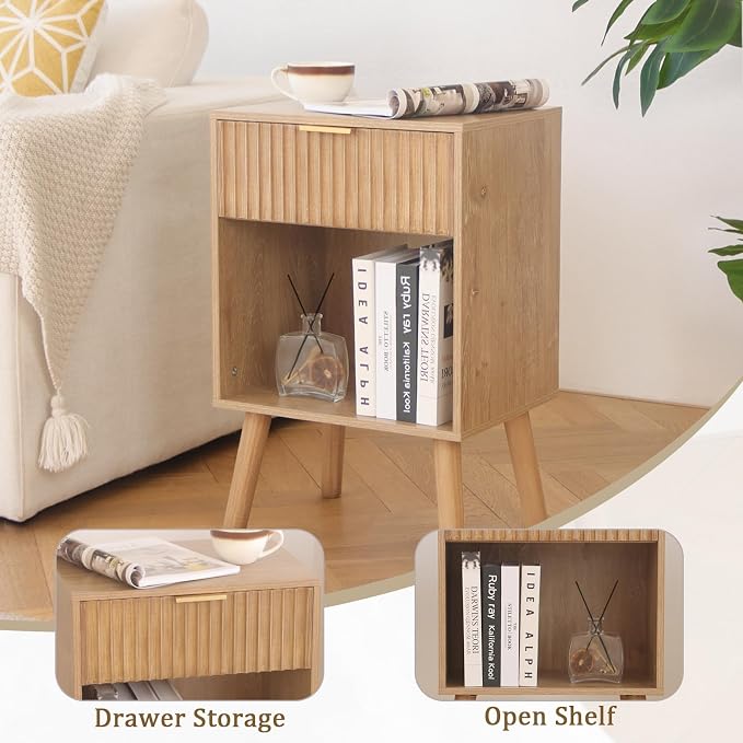 Fultyle Wood Nightstand with Charging Station, Bedside Table with Fluted - Image 5