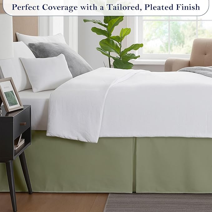 King Bed Skirt, Luxury 14 Inch Drop Sage Pleated Bed Skirt, Double Brushed Microfiber, Box Pleat Design, Wrinkle & Fade Resistant, Easy Fit Tailored Bedskirt for King Size Beds