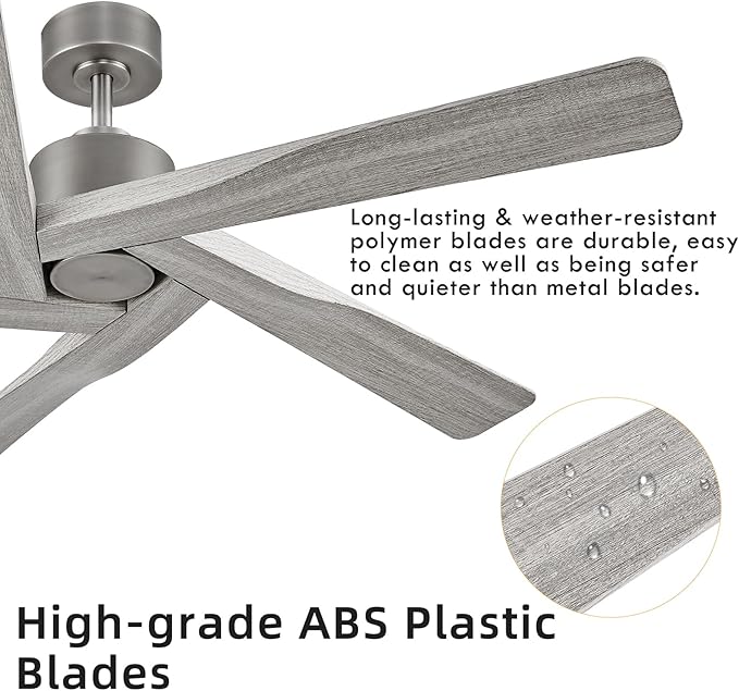 WINGBO 54" ABS DC Ceiling Fan No Light, 5 Blade Wood Grain ABS Ceiling Fan with Remote, 6-Speed Reversible DC Motor, Ceiling Fans without Light for Kitchen Bedroom Living Room, Antique Nickel and Grey