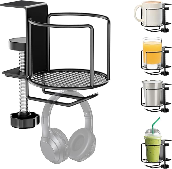 ZMHH 2-in-1 Desk Cup Holder,Anti-Spill Table Water Bottle Holder,Clamp On Table Stainless Steel Drinking Holder,Compatible with Universal Cups/Bottles/Mugs/Cans/Tumblers/Thermoses/Glass,1 Pack