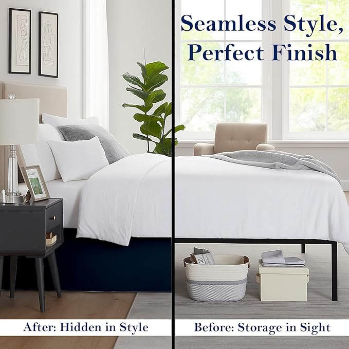 King Bed Skirt, Luxury 16 Inch Drop Navy Blue Pleated Bed Skirt, Double Brushed Microfiber, Box Pleat Design, Wrinkle & Fade Resistant, Easy Fit Tailored Bedskirt for King Size Beds