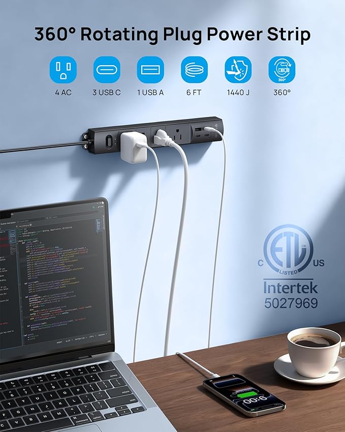 TROND 360° Rotating Plug Surge Protector, Power Strip with USB Ports, 3 USB C and 1 USB A, 1440 Joules, ETL Listed, 1625W, Wall Outlet Extender, 6ft Extension Cord for Home Office Dorm, Black