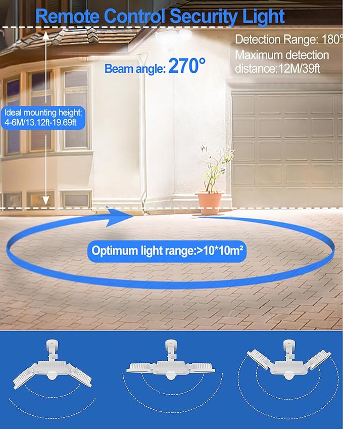 CLY 42W LED Security Lights Motion Sensor Light, 3600LM 5000K, IP66 Waterproof Outdoor Flood Lights, Adjustable Brightness 3 Head Floodlight Remote Control 4 Modes for Garage Yard Eave -White