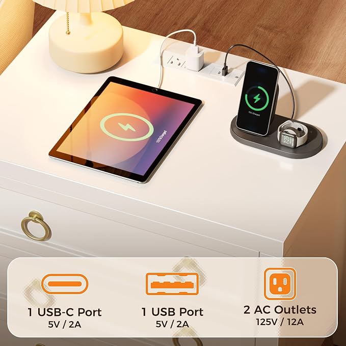 Huuger Night Stand with Charger Station and USB-C Port, 3 Drawer Nightstand | - Image 3