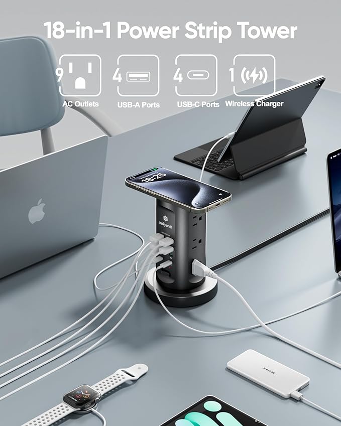 Kakyanill 115W USB Charging Station, Surge Protector Power Strip Tower, 9 AC Outlets with 8 USB Ports(4 USB-C), 6Ft Flat Plug Retractable Extension Cord, for Home Office Dorm, Black