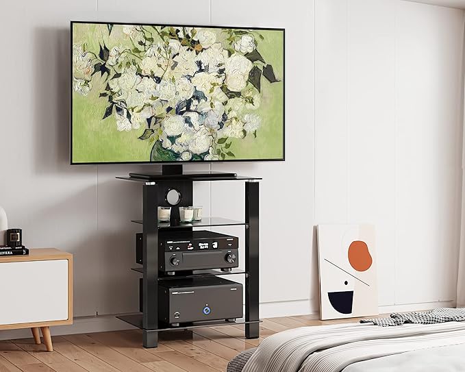 FITUEYES 4-Tier AV Media Cabinet Stand Component Cabinet, Gaming TV Stand and Stereo Rack Audio Tower with Height Adjustable Tempered Glass Shelves, AS406003GB