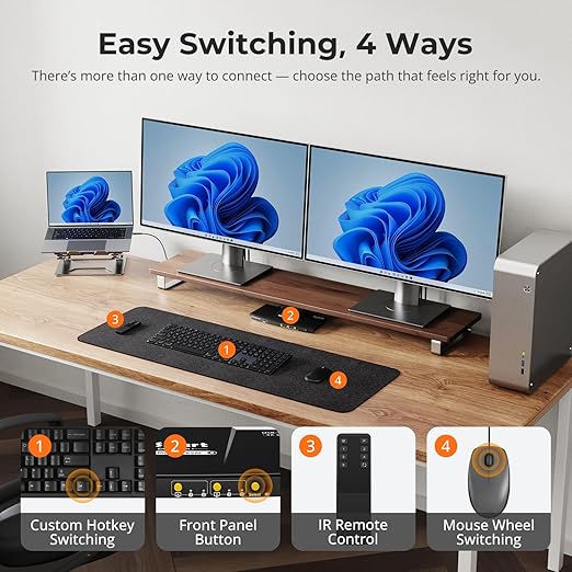 TESmart MST USB-C/HDMI/DP KVM Switch 2 Monitors 2 Computers, USB 3.0 KVM Dual Monitor for Laptop&Desktop, 4K@60Hz, 60W PD, Gigabit Network, Hotkey Switch, with Input Cables